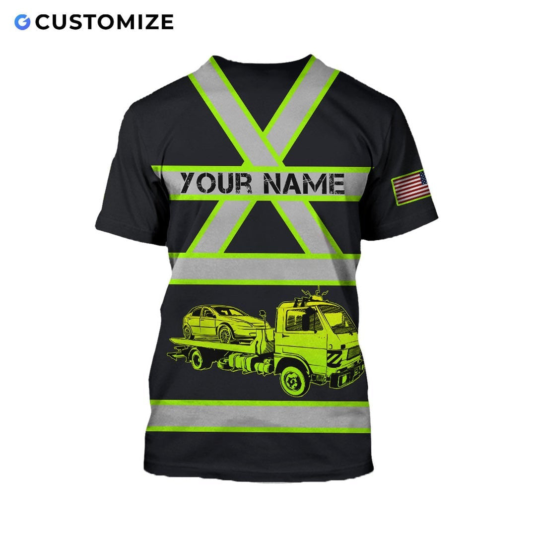 Personalized trucker t-shirt featuring black yellow stripe tanker truck all-over print, back view