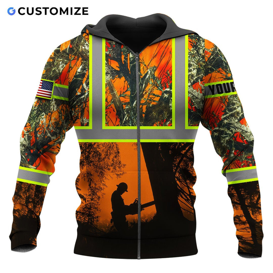 Personalized logger zip hoodie featuring orange forest logger silhouette all-over print, zip-front design