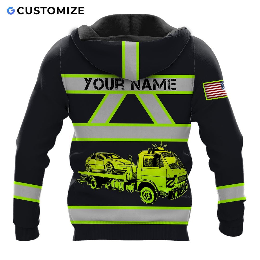 Personalized trucker hoodie featuring black yellow stripe tanker truck all-over print, back view