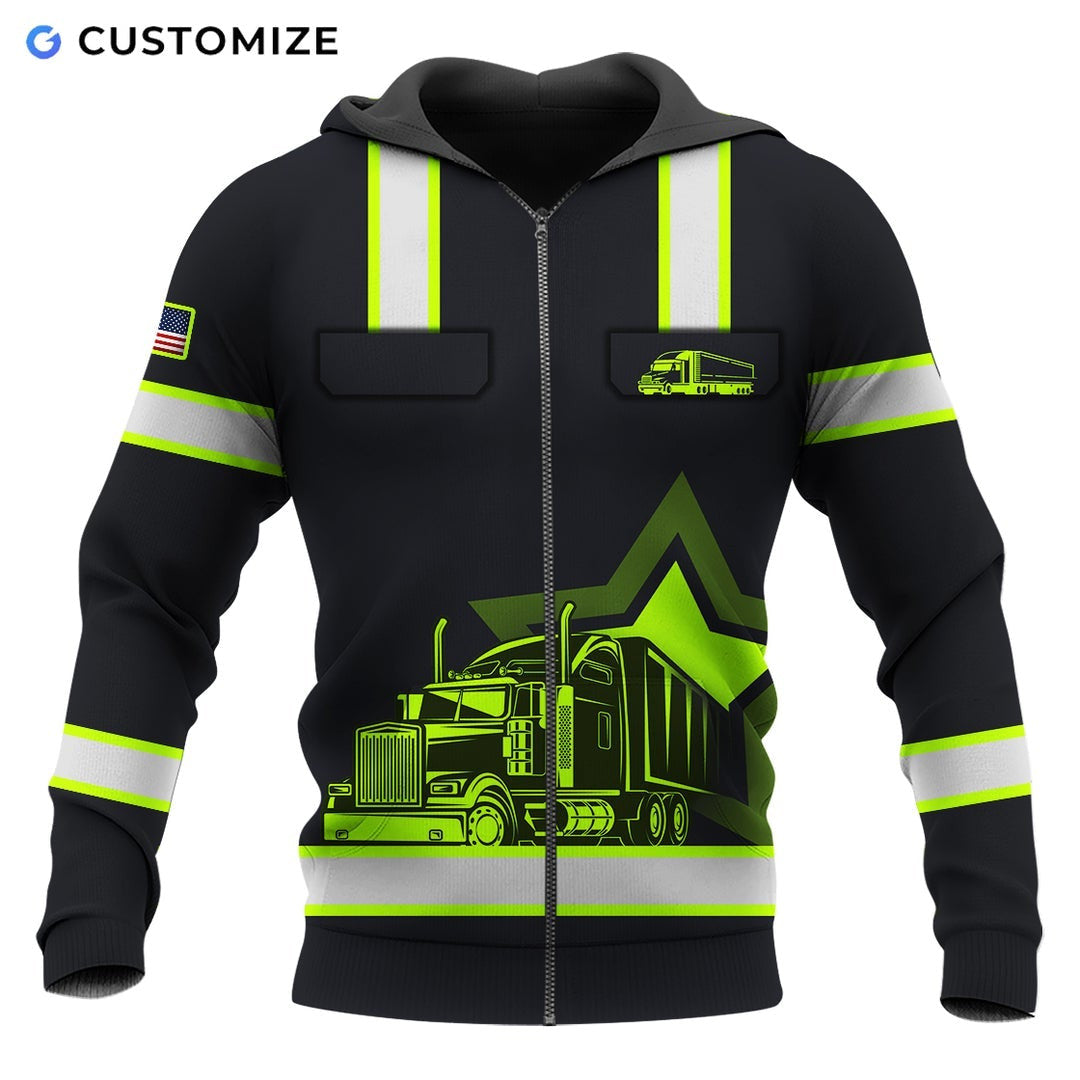 Personalized trucker zip hoodie featuring black yellow stripe dump truck all-over print, zip-front design