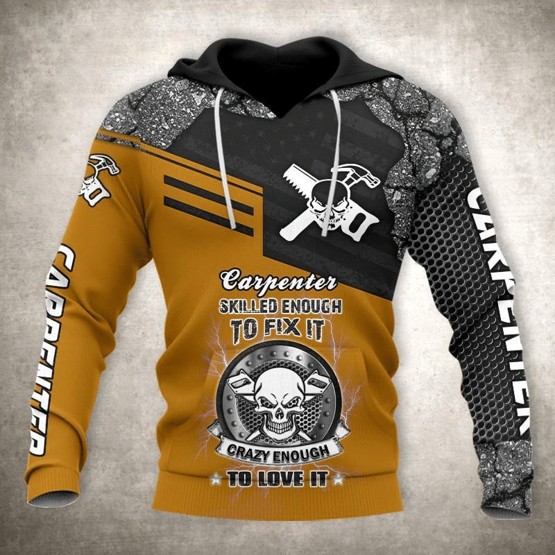 Personalized carpenter hoodie featuring yellow black carpenter skull quote all-over print