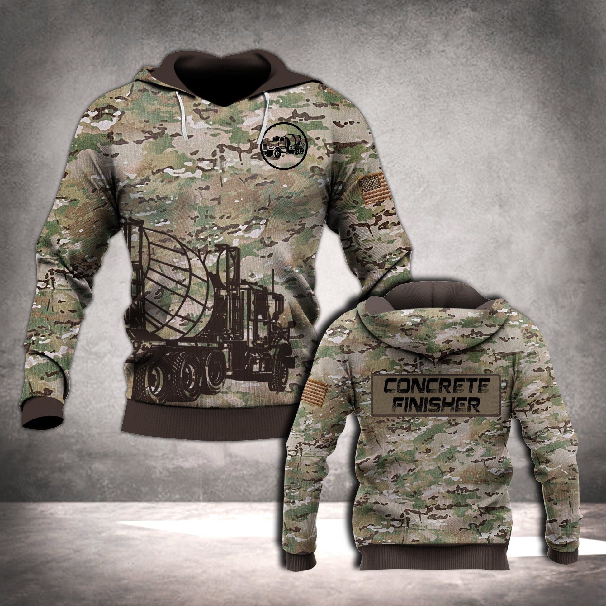 Concrete finisher hoodie featuring woodland camouflage concrete finisher all-over print