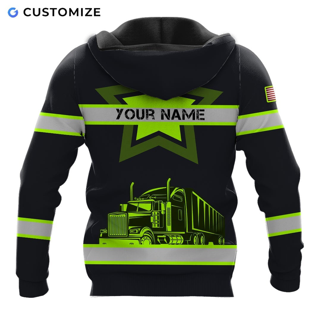 Personalized trucker hoodie featuring black yellow stripe dump truck all-over print, back view