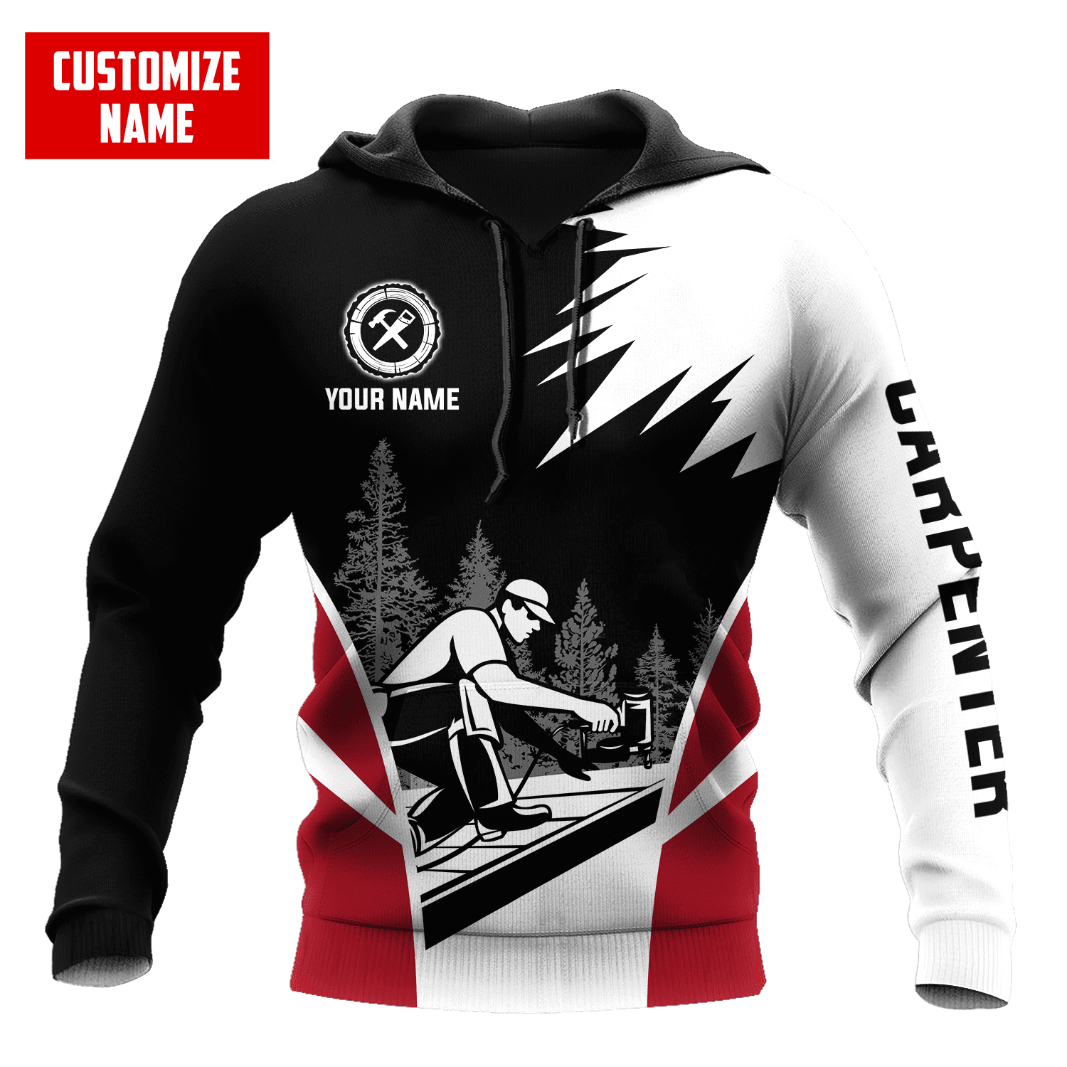 Personalized carpenter hoodie featuring black white red carpenter illustration all-over print