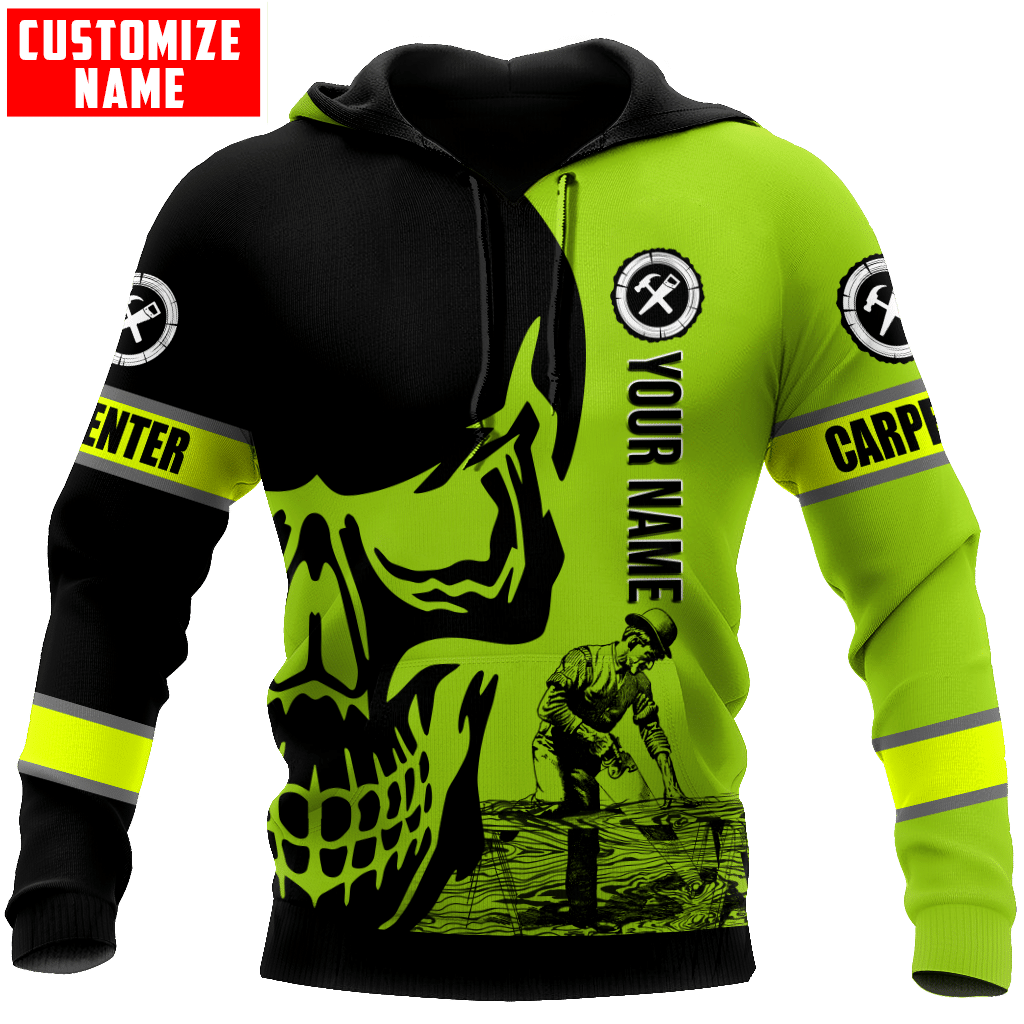 Personalized carpenter hoodie featuring black neon yellow carpenter skull all-over print
