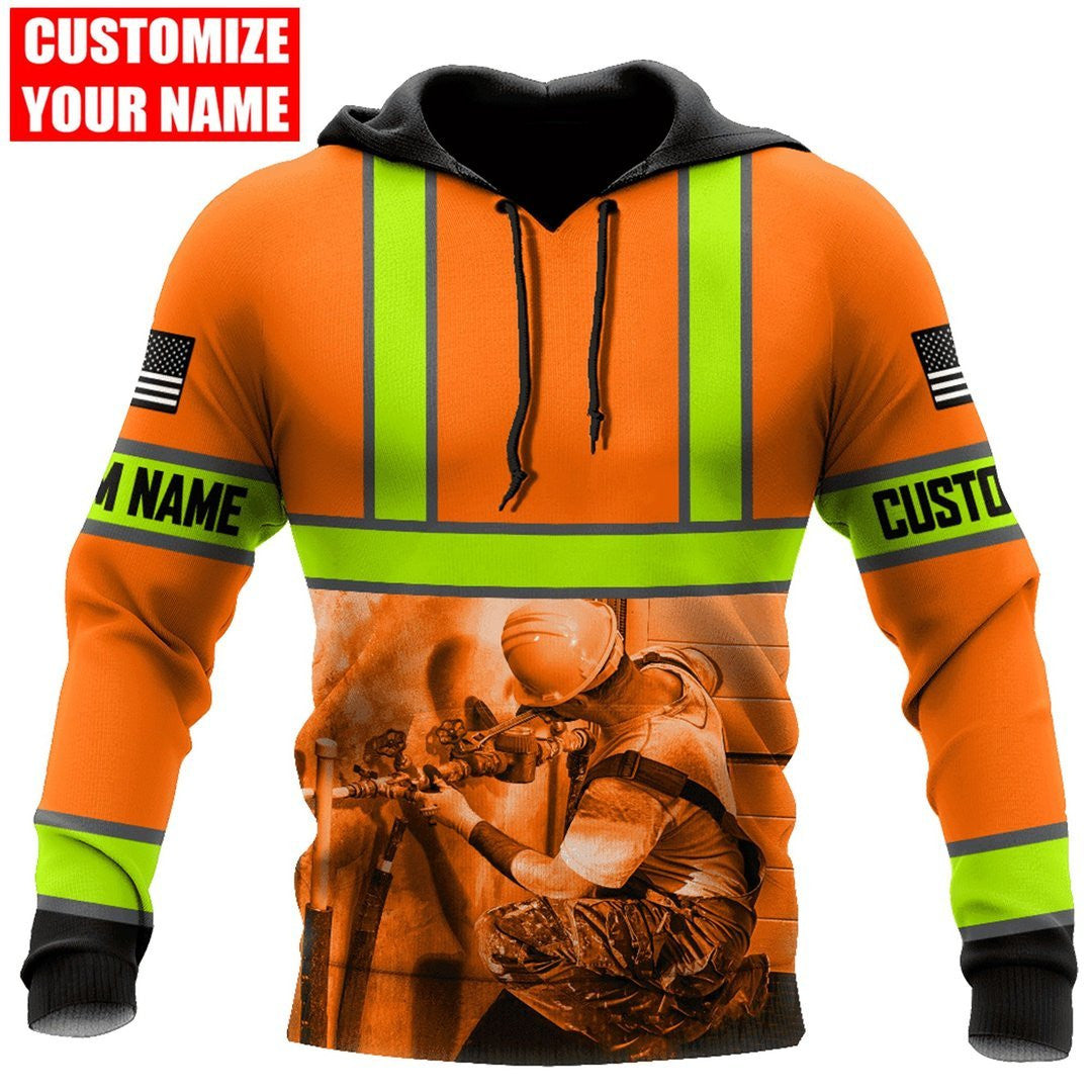 Personalized plumber hoodie featuring orange stripe print plumber illustration all-over print