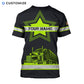 Personalized trucker t-shirt featuring black yellow stripe dump truck all-over print, back view