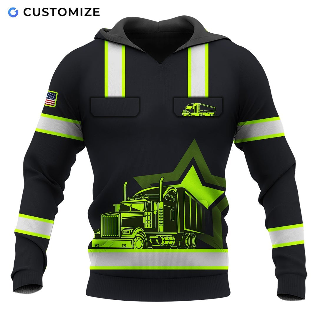 Personalized trucker hoodie featuring black yellow stripe dump truck all-over print