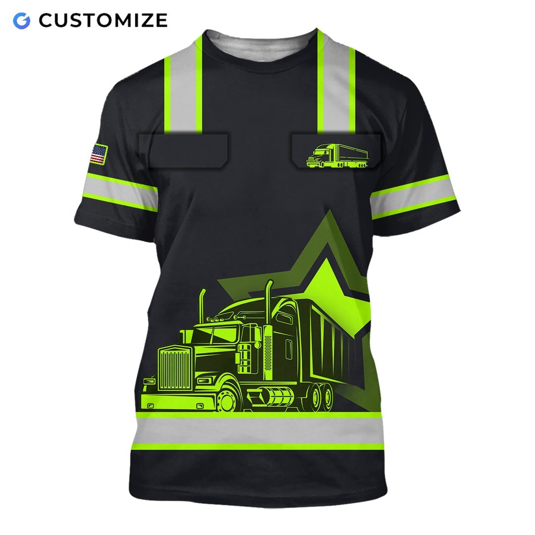 Personalized trucker t-shirt featuring black yellow stripe dump truck all-over print, short-sleeve design