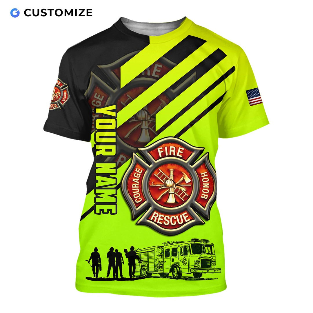 Personalized firefighter t-shirt featuring neon yellow fire rescue print all-over print, short-sleeve design