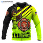 Personalized firefighter zip hoodie featuring neon yellow fire rescue print all-over print, zip-front design