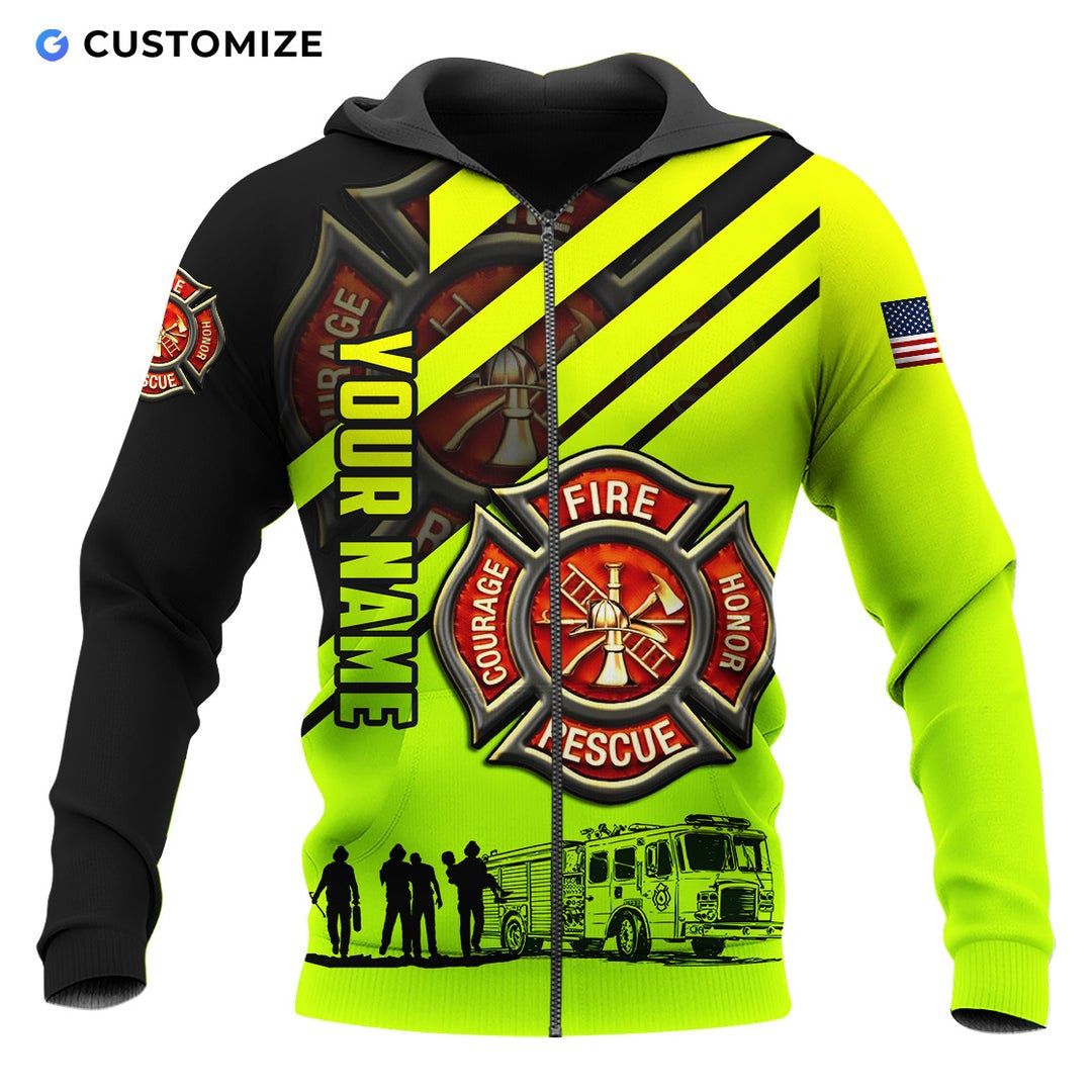 Personalized firefighter zip hoodie featuring neon yellow fire rescue print all-over print, zip-front design
