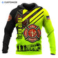 Personalized firefighter hoodie featuring neon yellow fire rescue print all-over print