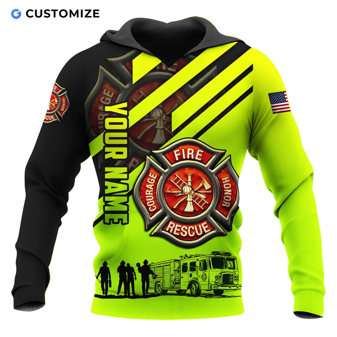 Personalized firefighter hoodie featuring neon yellow fire rescue print all-over print