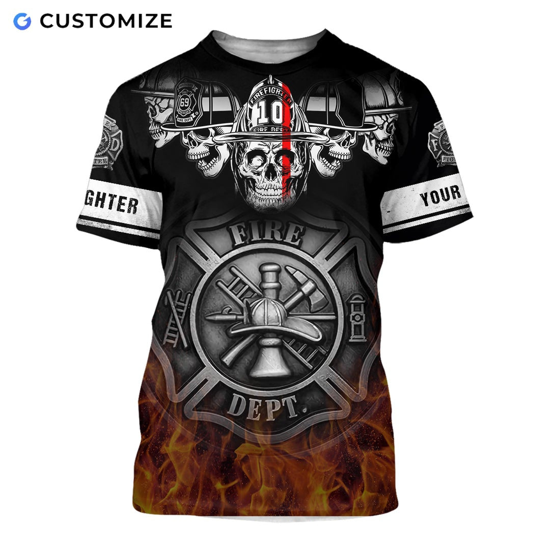 Personalized firefighter t-shirt featuring black skull and flame print all-over print, short-sleeve design