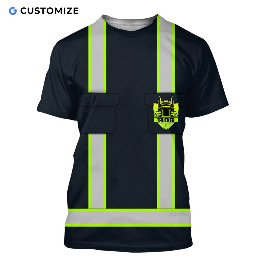 Personalized trucker t-shirt featuring black vest print yellow sleeves all-over print, short-sleeve design