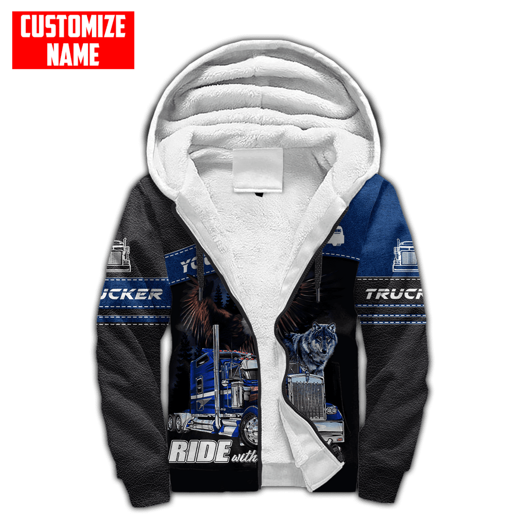 Personalized trucker fleece zip hoodie featuring blue truck ride with pride all-over print, fleece lining shown