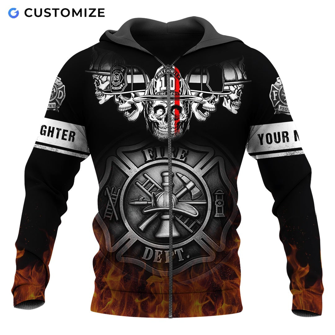 Personalized firefighter zip hoodie featuring black skull and flame print all-over print, zip-front design