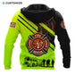 Personalized firefighter hoodie featuring neon yellow fire rescue print all-over print, back view