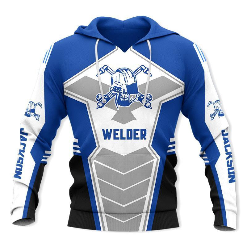 Personalized welder hoodie featuring blue white welding badge all-over print