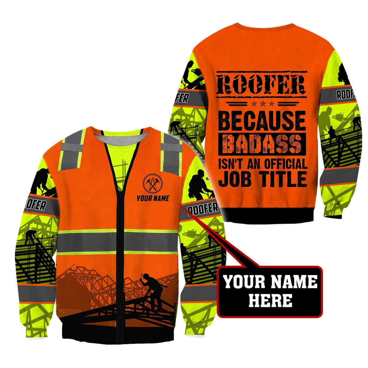 Personalized roofer sweatshirt featuring orange roofer vest print all-over print, crewneck design