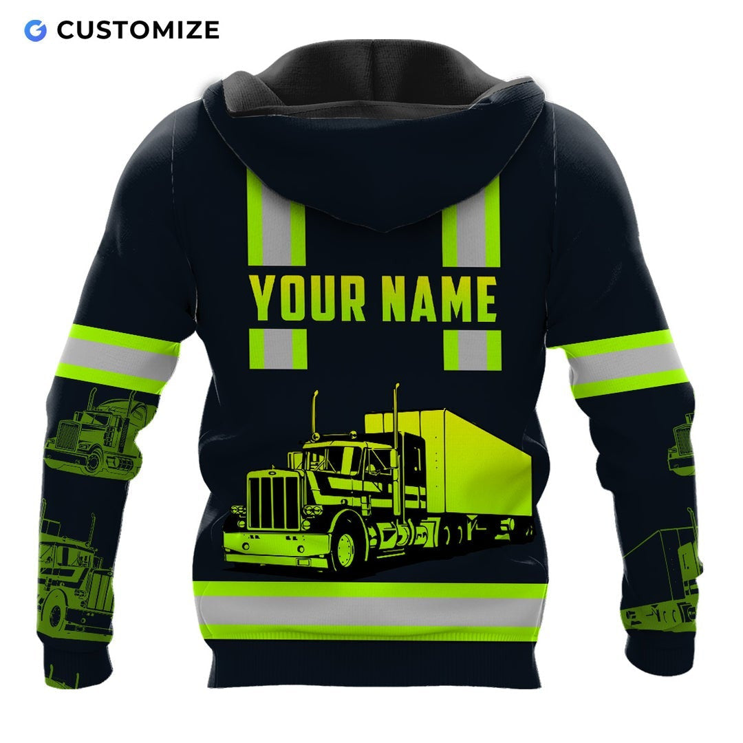 Personalized trucker hoodie featuring black vest print yellow sleeves all-over print, back view
