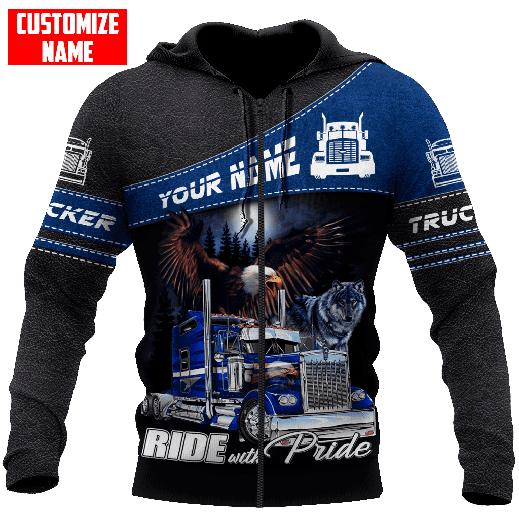 Personalized trucker zip hoodie featuring blue truck ride with pride all-over print, zip-front design