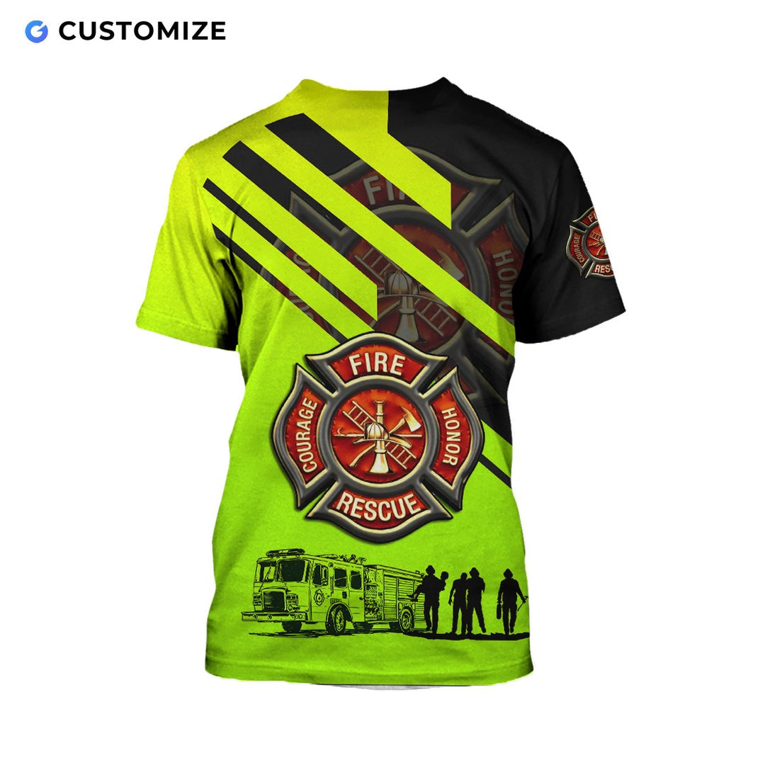 Personalized firefighter t-shirt featuring neon yellow fire rescue print all-over print, back view