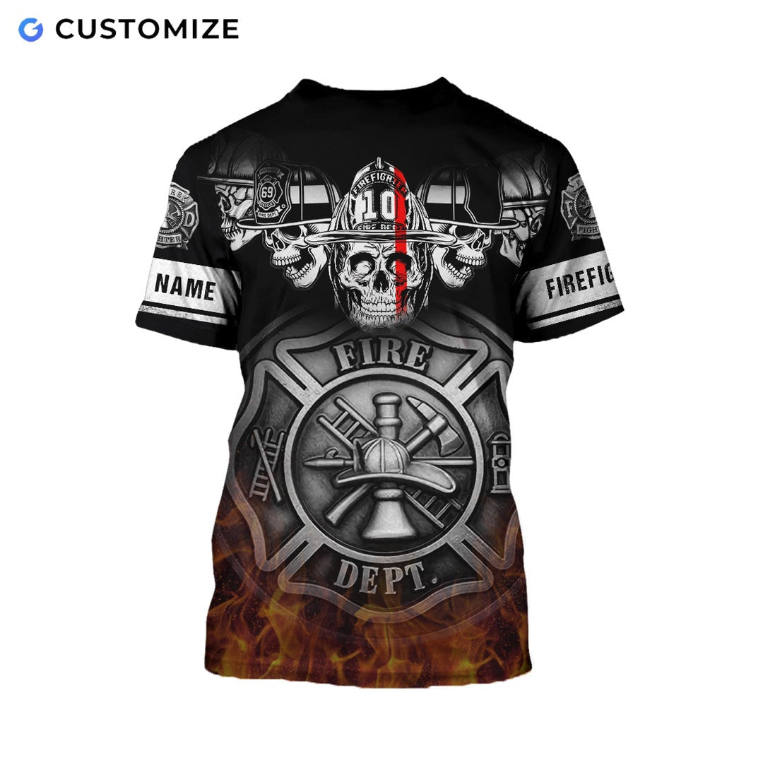 Personalized firefighter t-shirt featuring black skull and flame print all-over print, back view