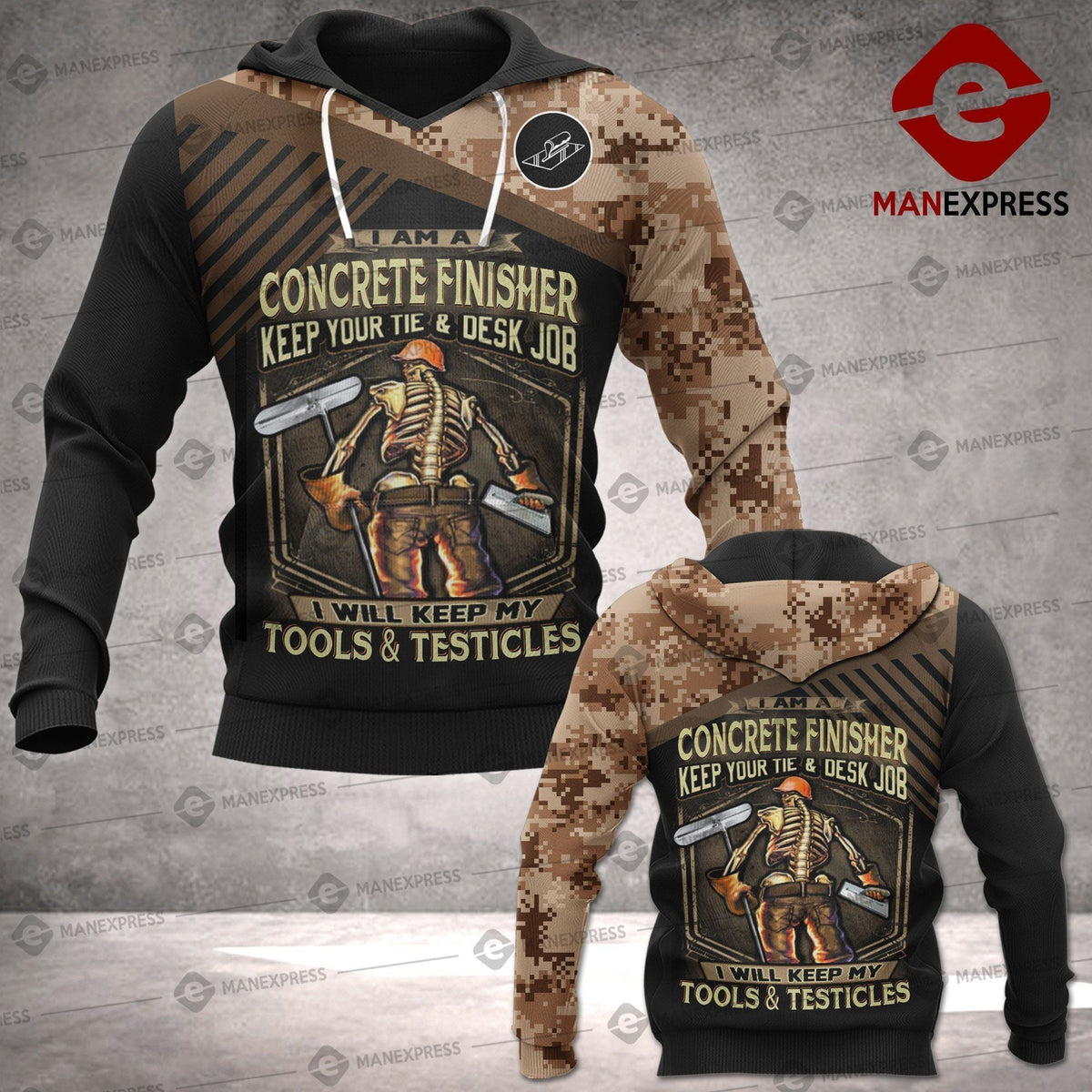 Concrete finisher hoodie featuring brown camouflage concrete skeleton quote all-over print