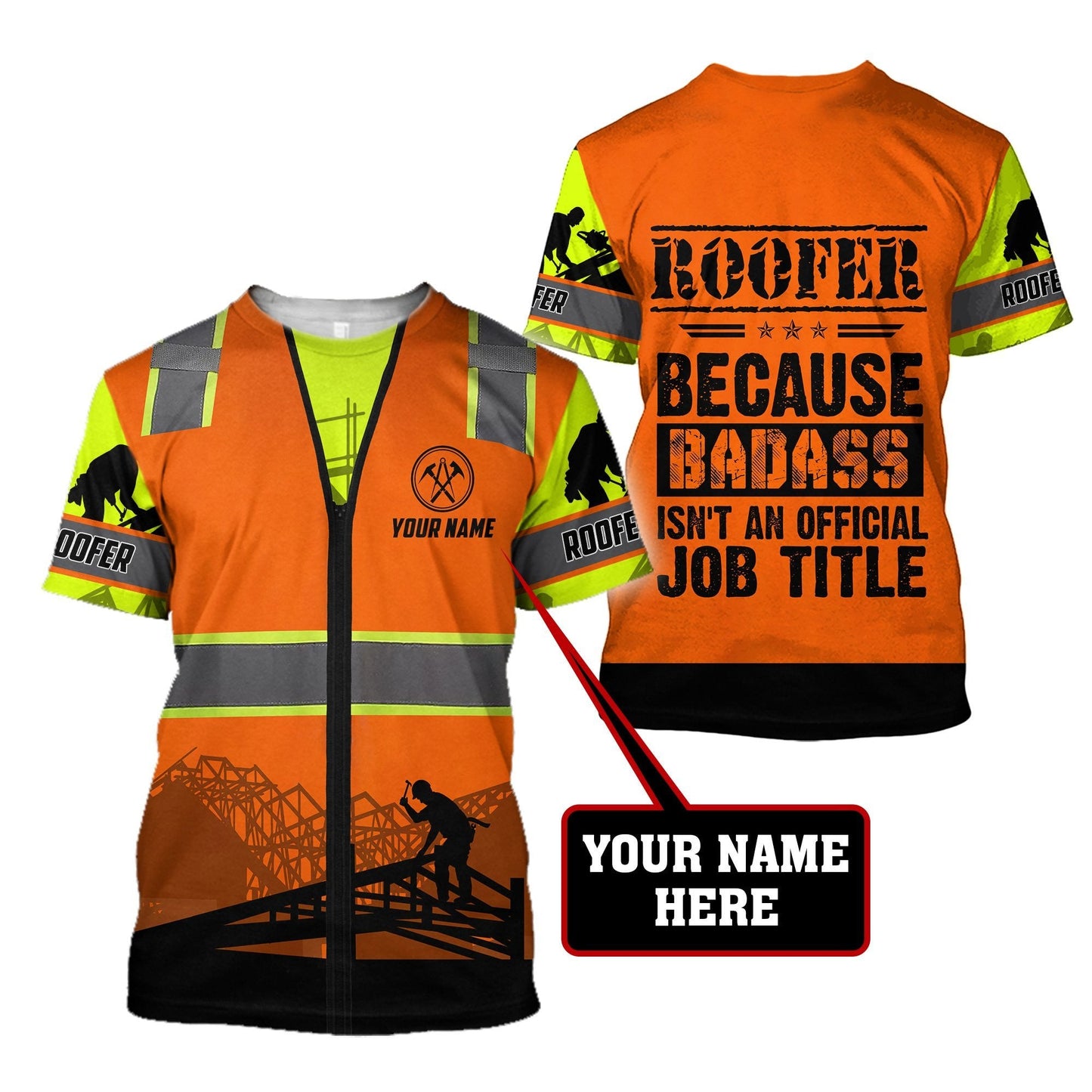 Personalized roofer t-shirt featuring orange roofer vest print all-over print, short-sleeve design