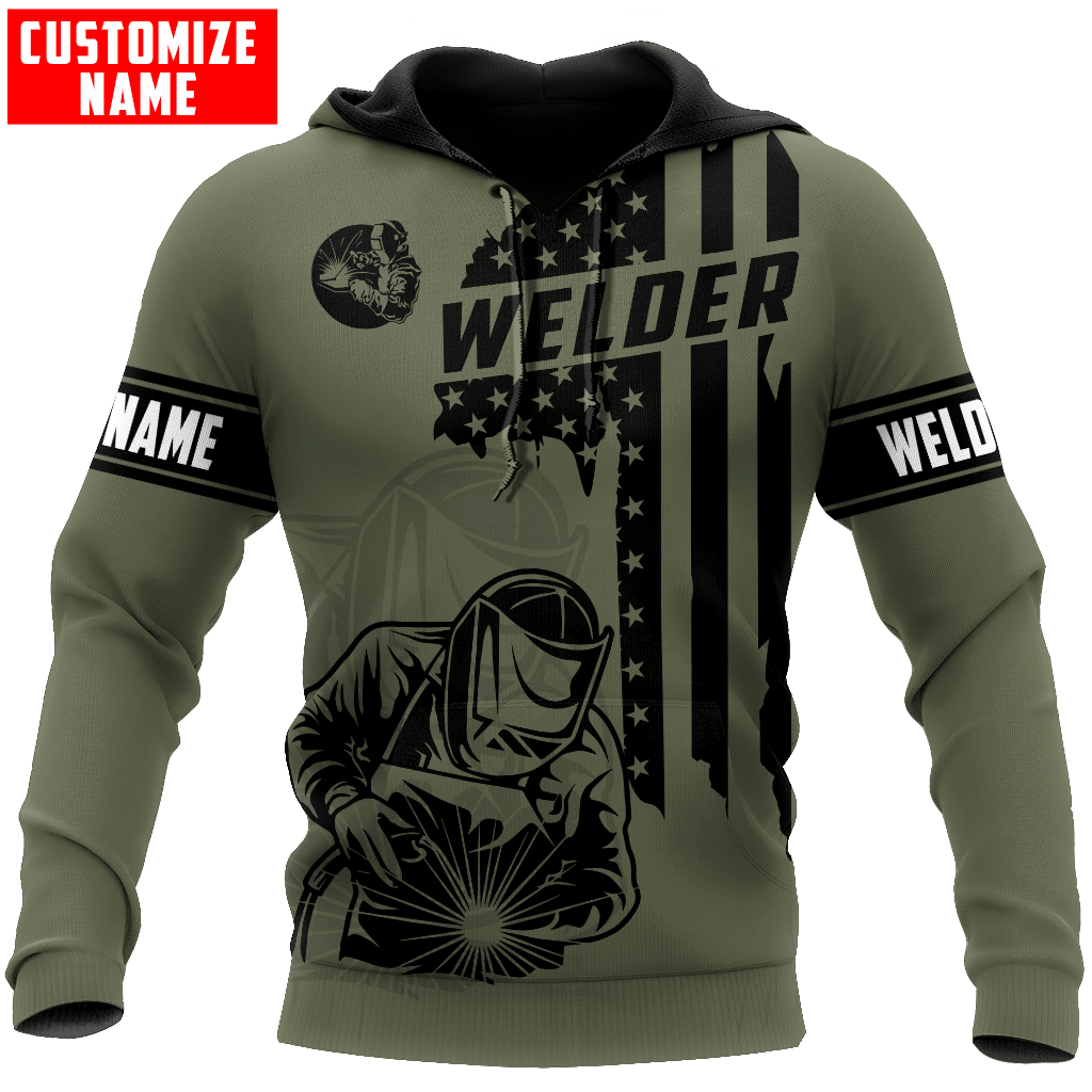 Personalized welder hoodie featuring olive green american flag welder all-over print