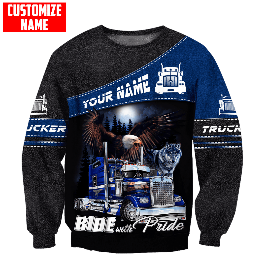 Personalized trucker sweatshirt featuring blue truck ride with pride all-over print, crewneck design