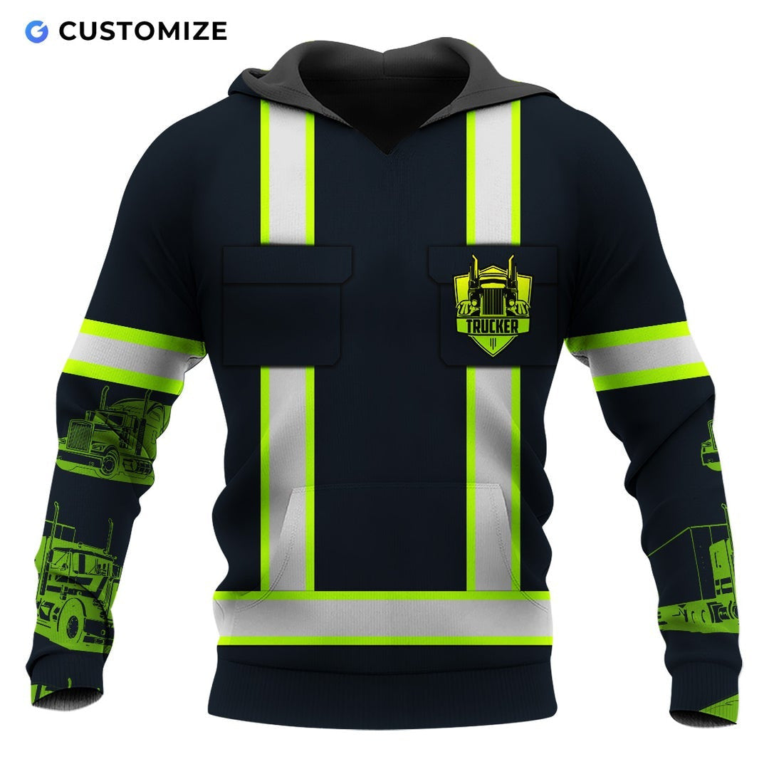 Personalized trucker hoodie featuring black vest print yellow sleeves all-over print