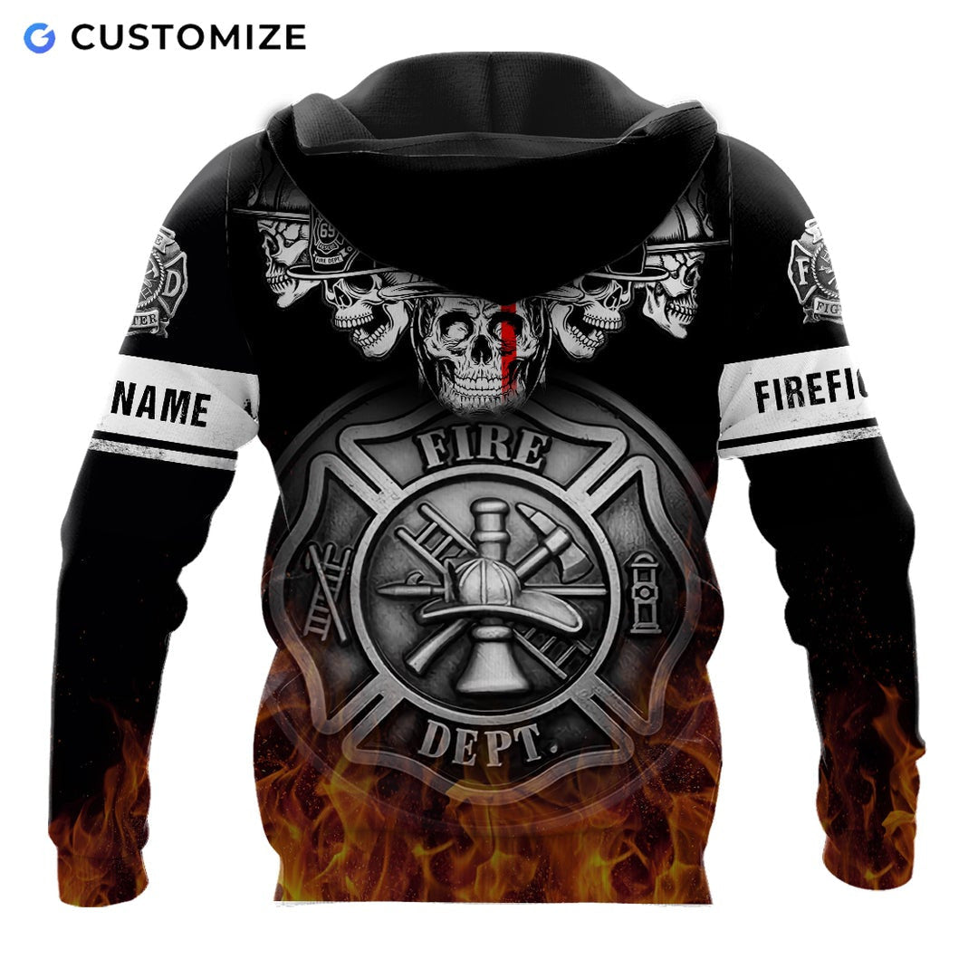 Personalized firefighter hoodie featuring black skull and flame print all-over print, back view