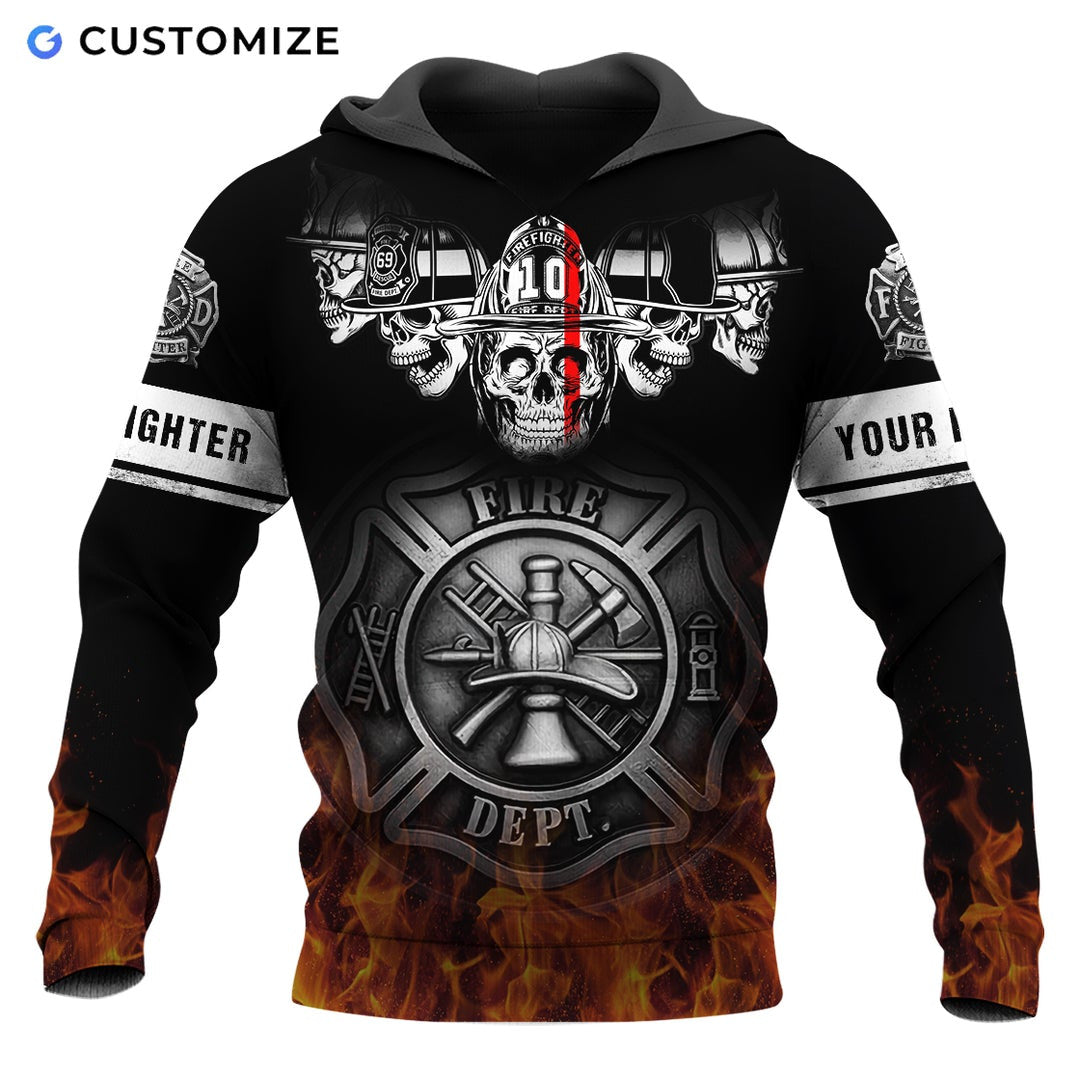 Personalized firefighter hoodie featuring black skull and flame print all-over print