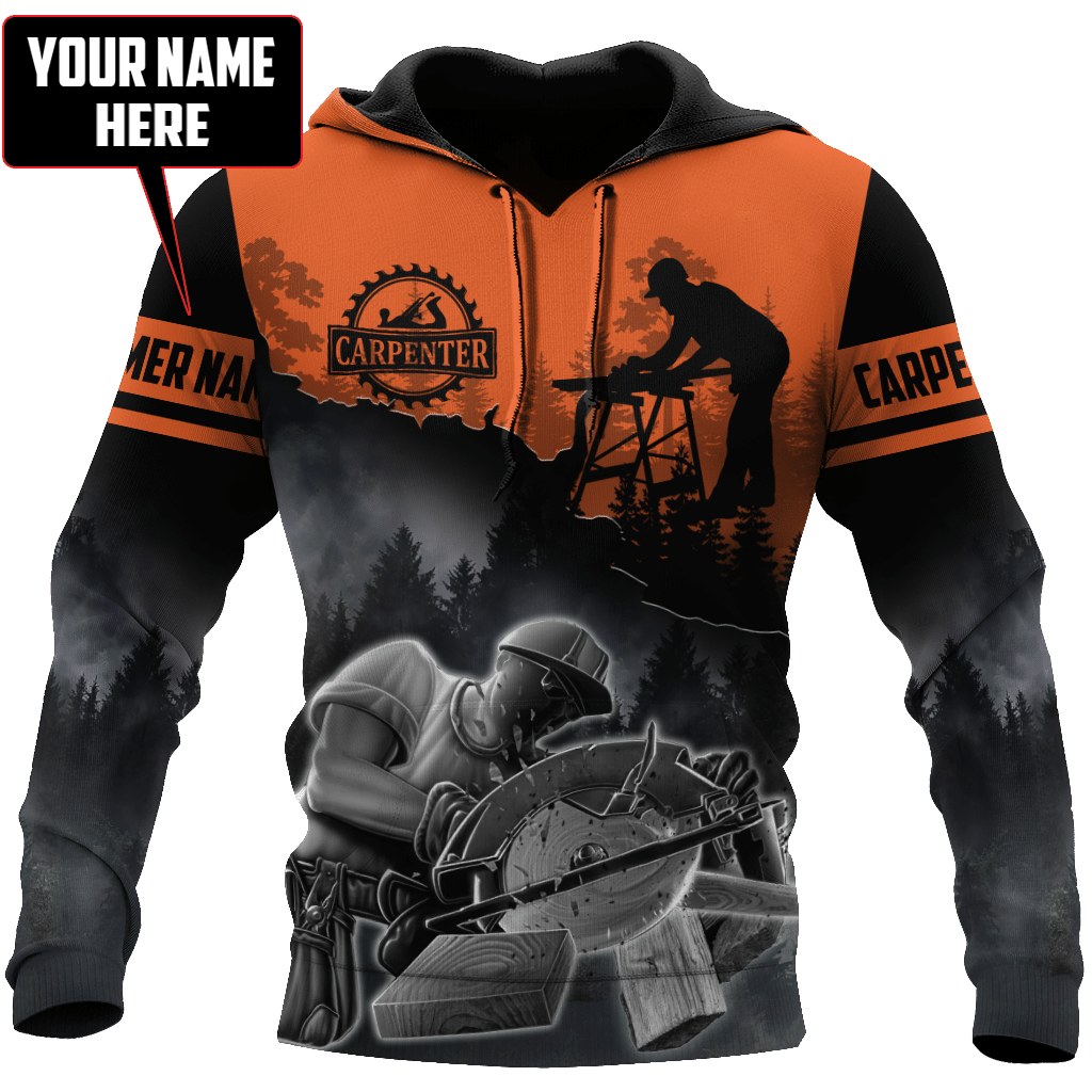 Personalized carpenter hoodie featuring orange black workshop scene all-over print