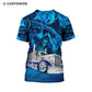 Personalized trucker t-shirt featuring blue grim reaper semi truck all-over print, back view
