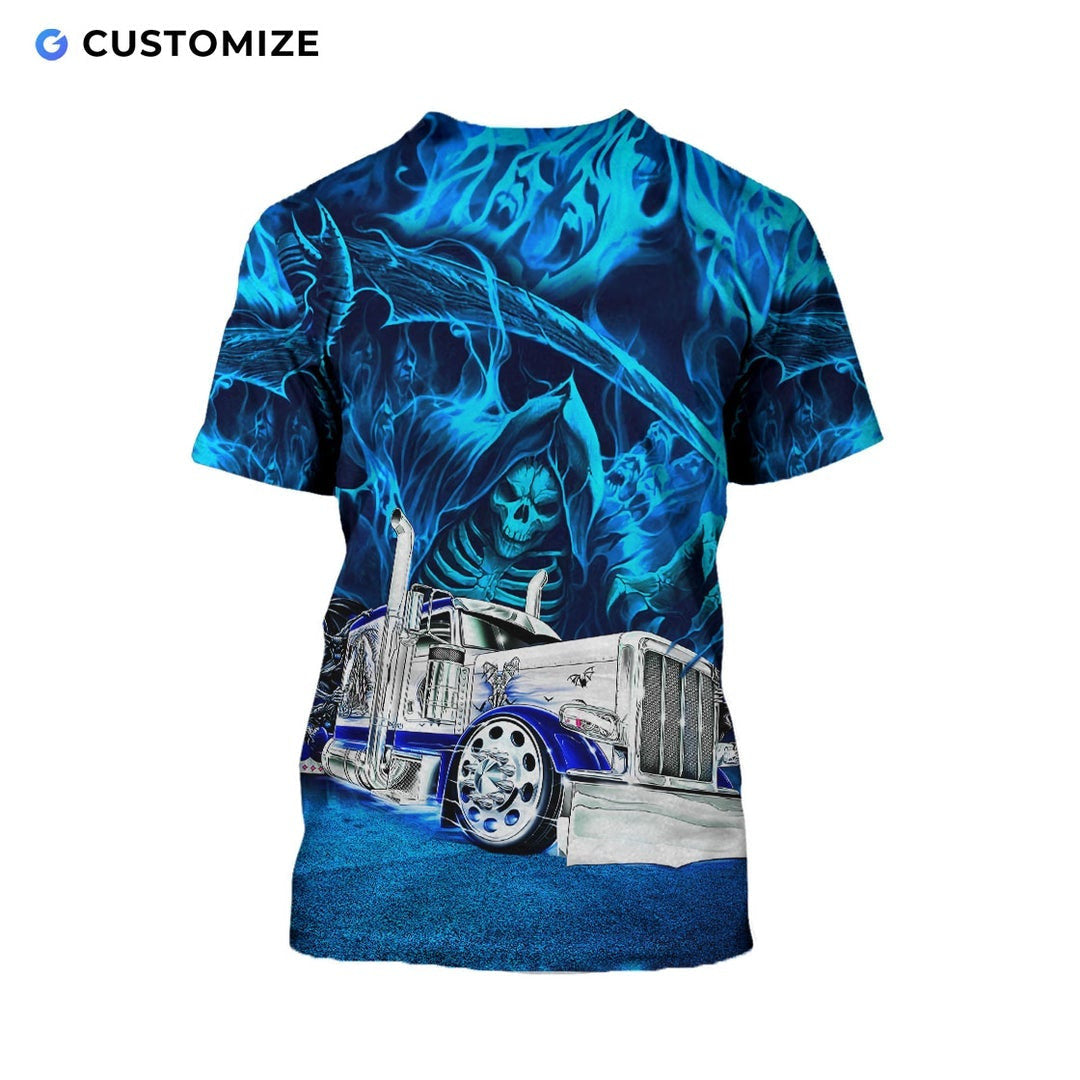 Personalized trucker t-shirt featuring blue grim reaper semi truck all-over print, back view