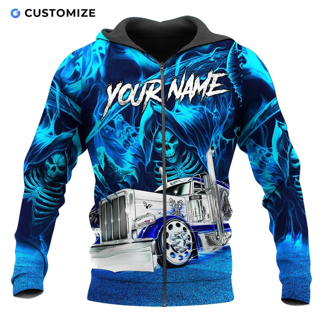 Personalized trucker zip hoodie featuring blue grim reaper semi truck all-over print, zip-front design