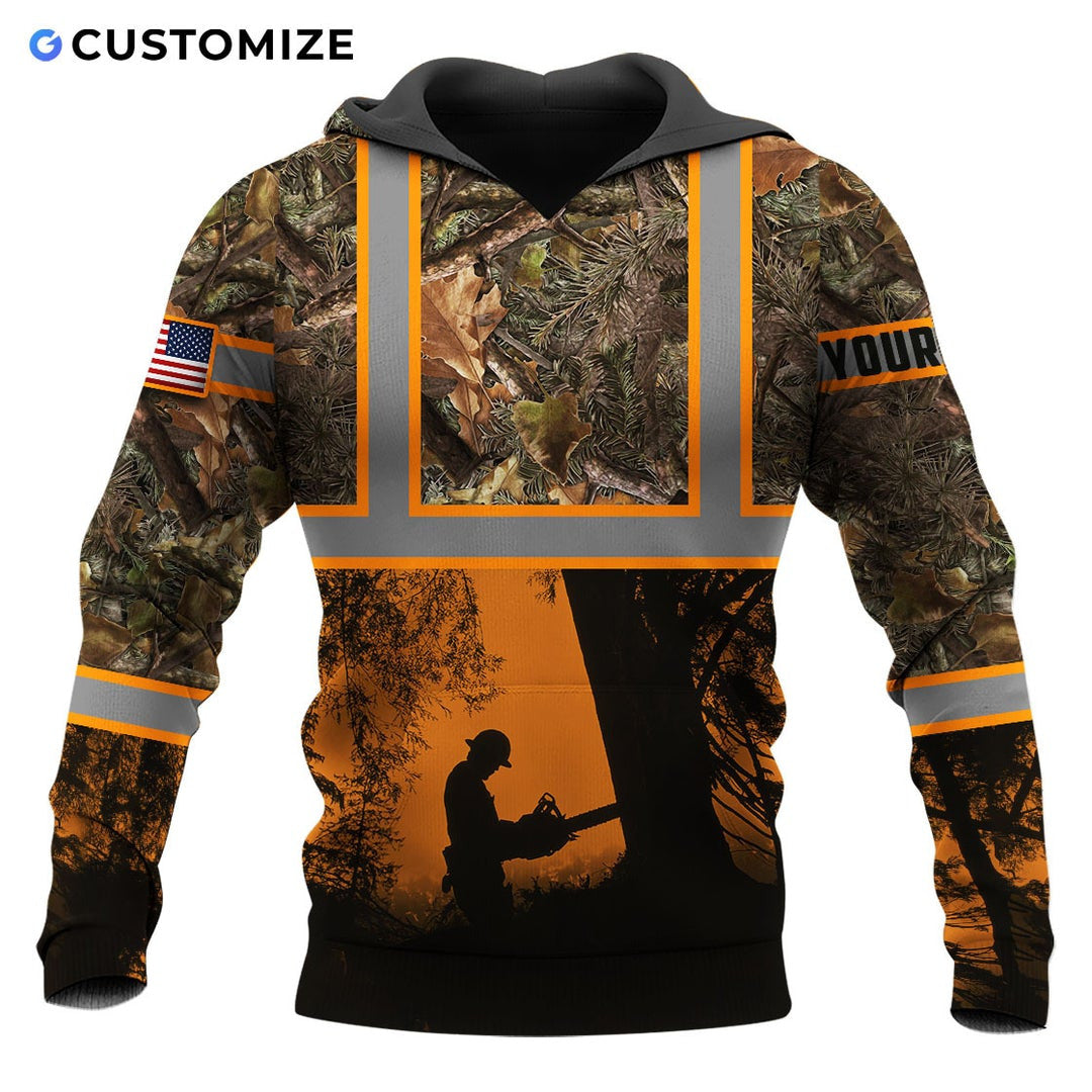 Personalized logger hoodie featuring woodland camouflage orange logger silhouette all-over print