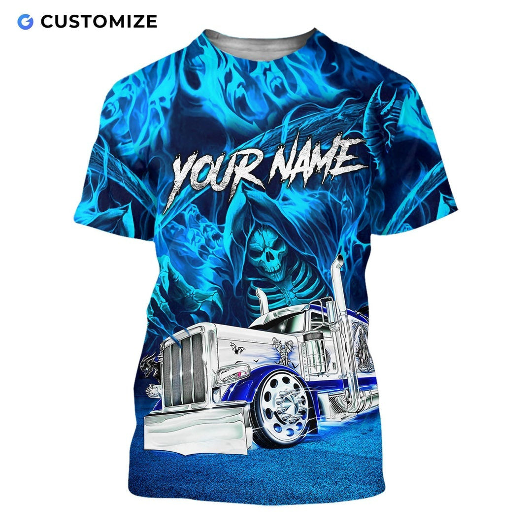 Personalized trucker t-shirt featuring blue grim reaper semi truck all-over print, short-sleeve design