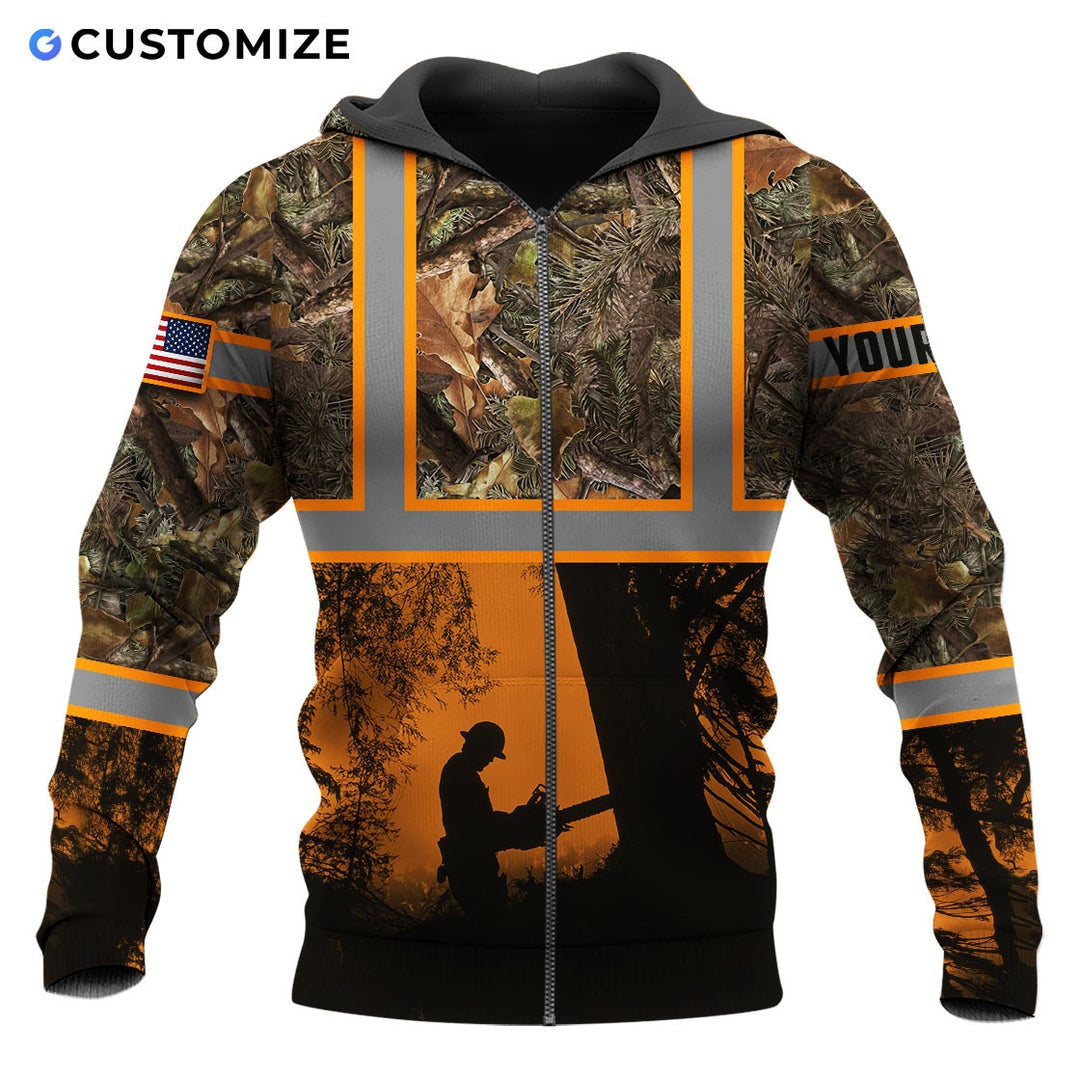 Personalized logger zip hoodie featuring woodland camouflage orange logger silhouette all-over print, zip-front design