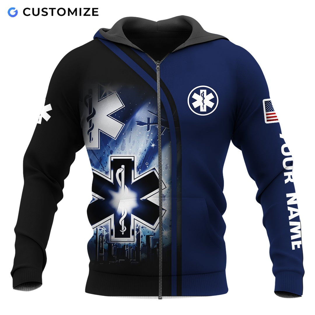 Personalized EMS paramedic zip hoodie featuring navy paramedic star of life all-over print, zip-front design