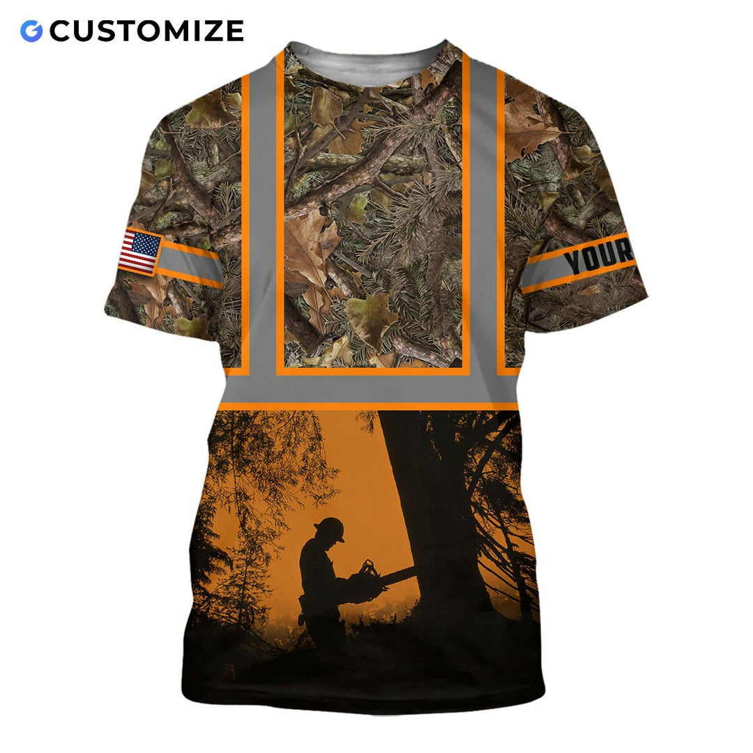 Personalized logger t-shirt featuring woodland camouflage orange logger silhouette all-over print, short-sleeve design