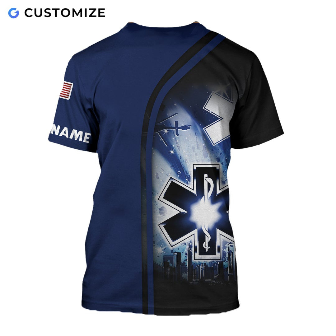 Personalized EMS paramedic t-shirt featuring navy paramedic star of life all-over print, back view