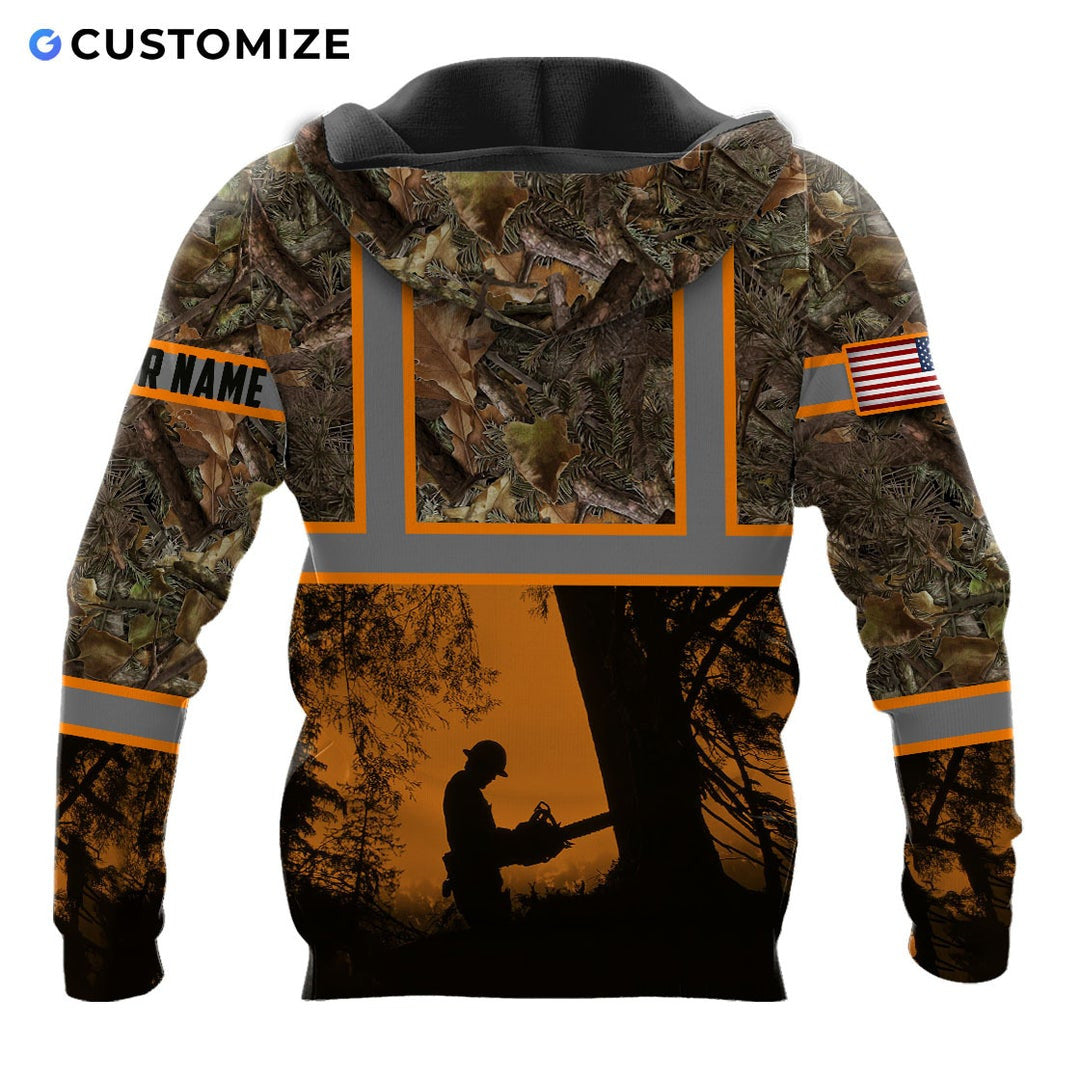 Personalized logger hoodie featuring woodland camouflage orange logger silhouette all-over print, back view