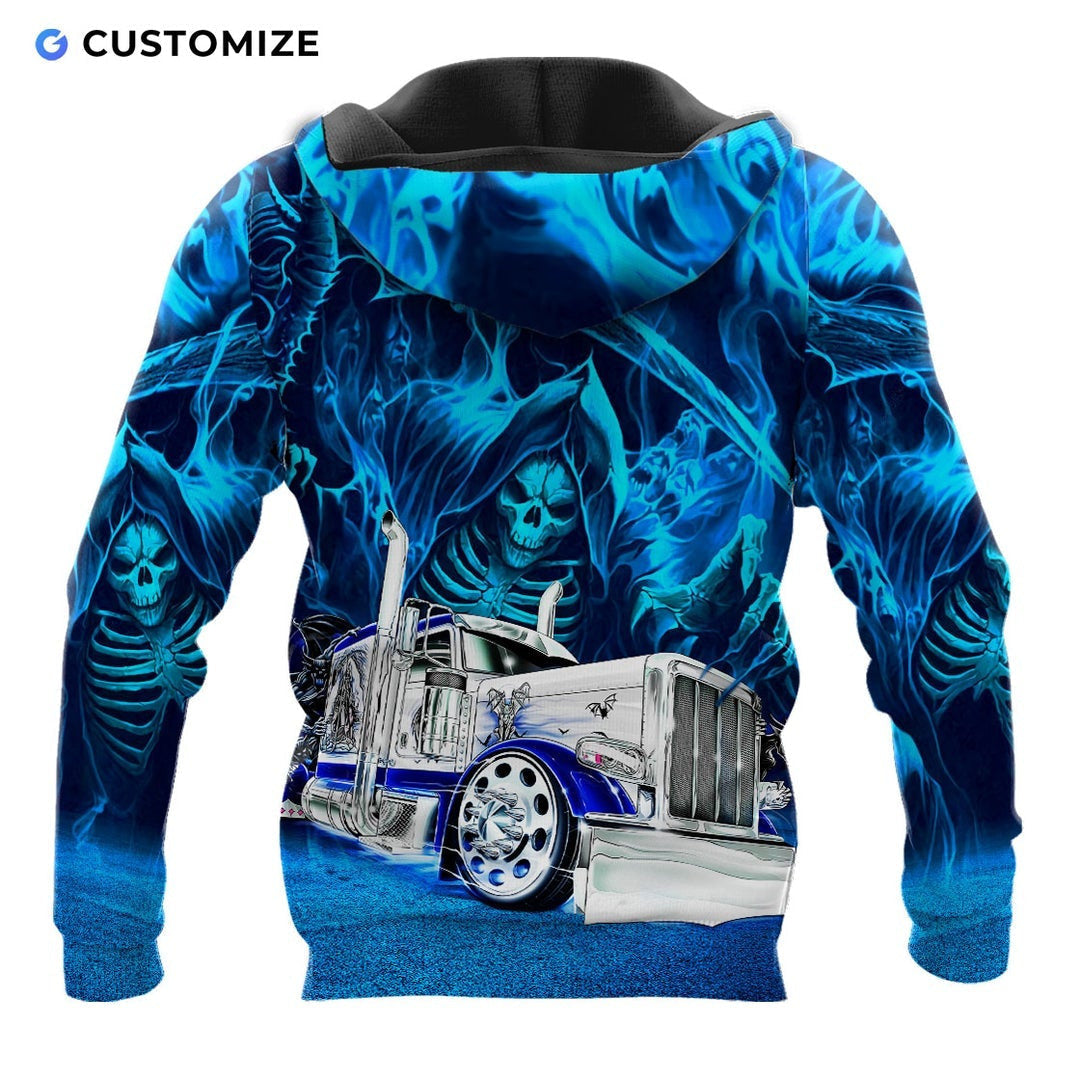 Personalized trucker hoodie featuring blue grim reaper semi truck all-over print, back view