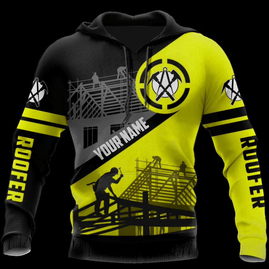 Roofer hoodie featuring black neon yellow roof frame diagonal print all-over print