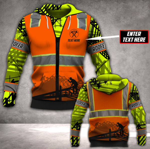 Personalized roofer hoodie featuring orange vest print and roofing scene all-over print